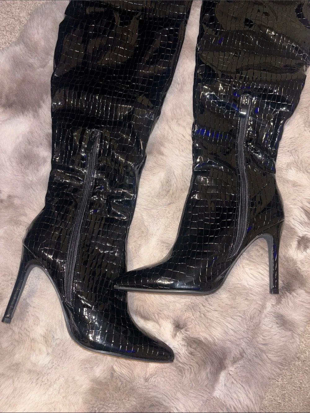 CUCCOO crocodile over the knee pointed toe stiletto heel.